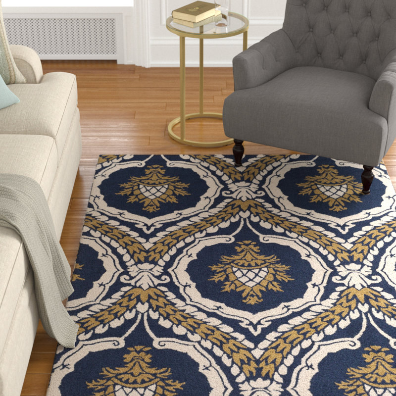 Charlton Home® Ebersole Geometric Handmade Tufted Wool Navy Blue/Gold